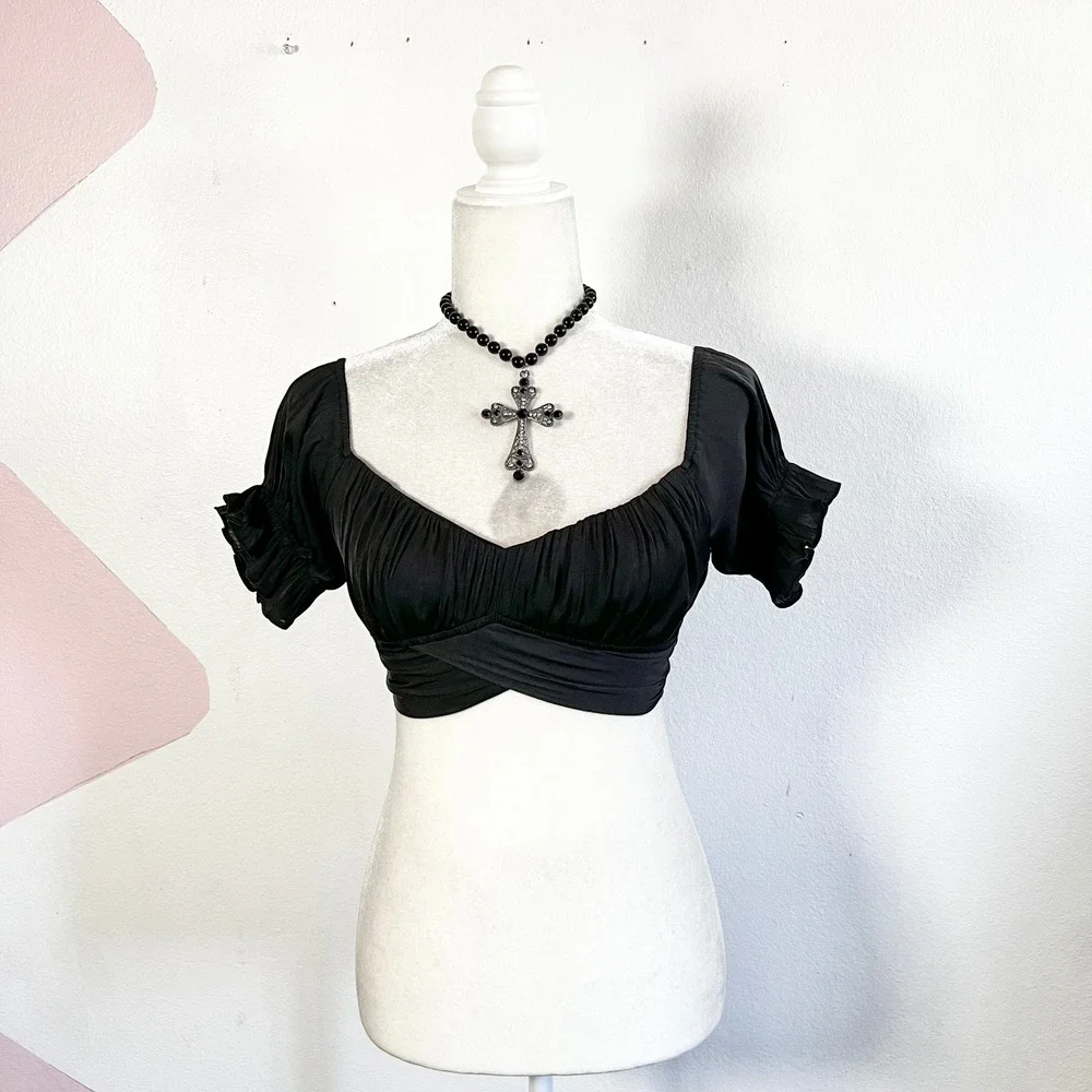 Black Puff Sleeve Top Victorian Gothic Whimsigoth Milkmaid XS - Picture 1 of 6